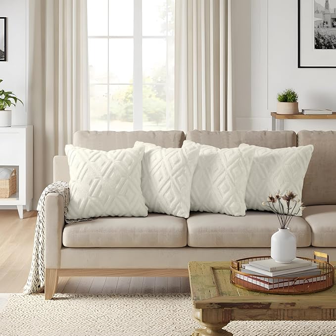 decorUhome Pack of 4 Faux Fur Throw Pillow Covers 20x20, Soft Decorative Couch Pillow Covers with Velvet Back for Modern Sofa Living Room, Cream White