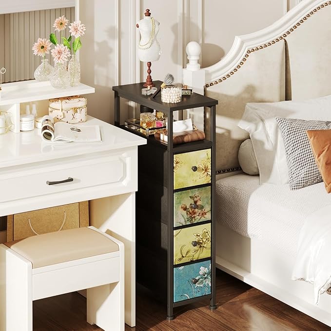 Narrow Dresser, Narrow Nightstand Dresser Storage Tower with 4 Drawers, Slim Fabric Dressers Chest of Drawers for Small Spaces, Retro Flower Dressers, for Bedroom Bathroom Laundry Closet (Black)