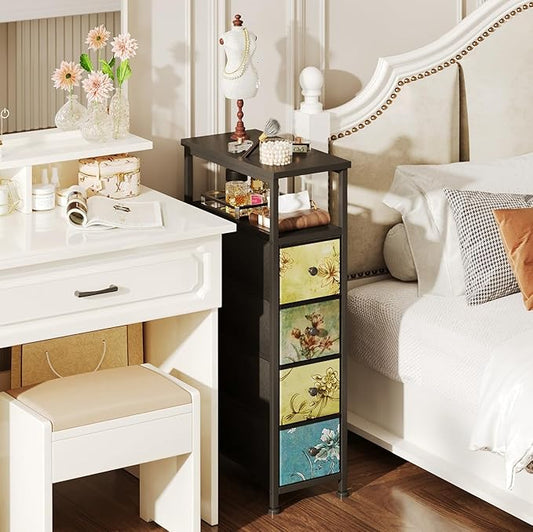 Narrow Dresser, Narrow Nightstand Dresser Storage Tower with 4 Drawers, Slim Fabric Dressers Chest of Drawers for Small Spaces, Retro Flower Dressers, for Bedroom Bathroom Laundry Closet (Black)