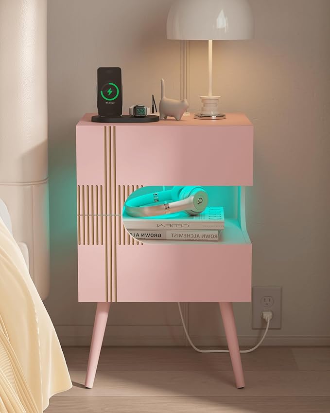 White Nightstand with Charging Station and LED Lights,Modern Bedside Table with 2 Storage Drawer,Night Stand with Solid Wood Legs,White (Pink)