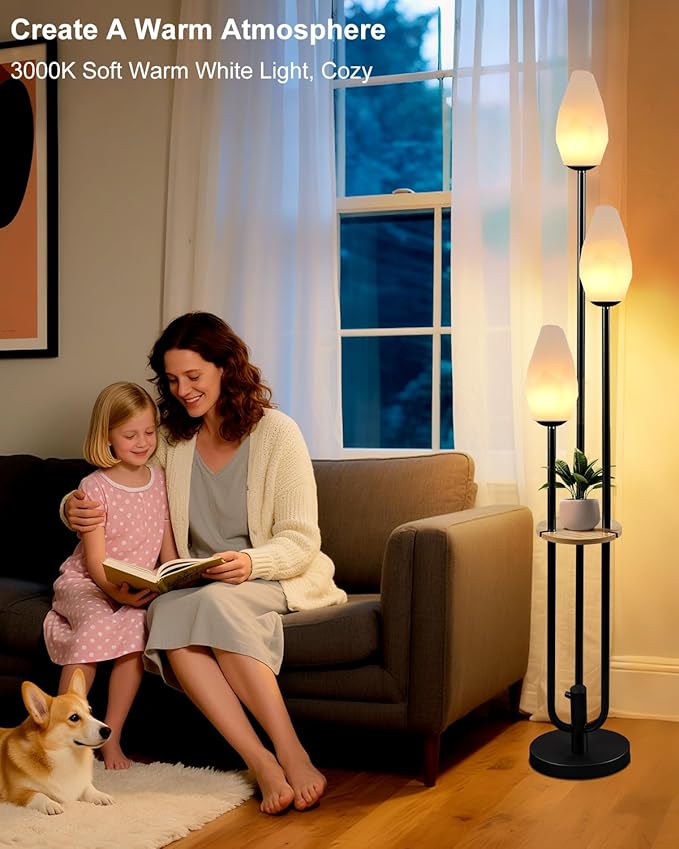 Lightdot Black Dimmable Floor Lamp with Table, 63IN Mid-Century Oval Floor Lamps with 3000K Soft Warm White Bulbs, 3-Lights Candle Holder Style Modern Tall Standing Lamp for Living Room