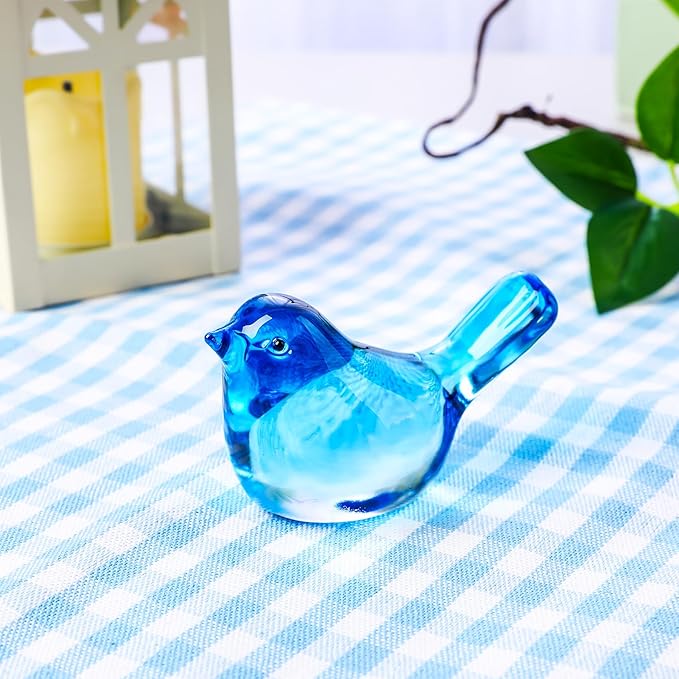 YWHL Handmade Crystal Blue Bird Figurines, Animals Gifts for Birds Lovers Women Men, Art Glass Birds Collectible for Home Decor, Desk Table Home Office Decoration