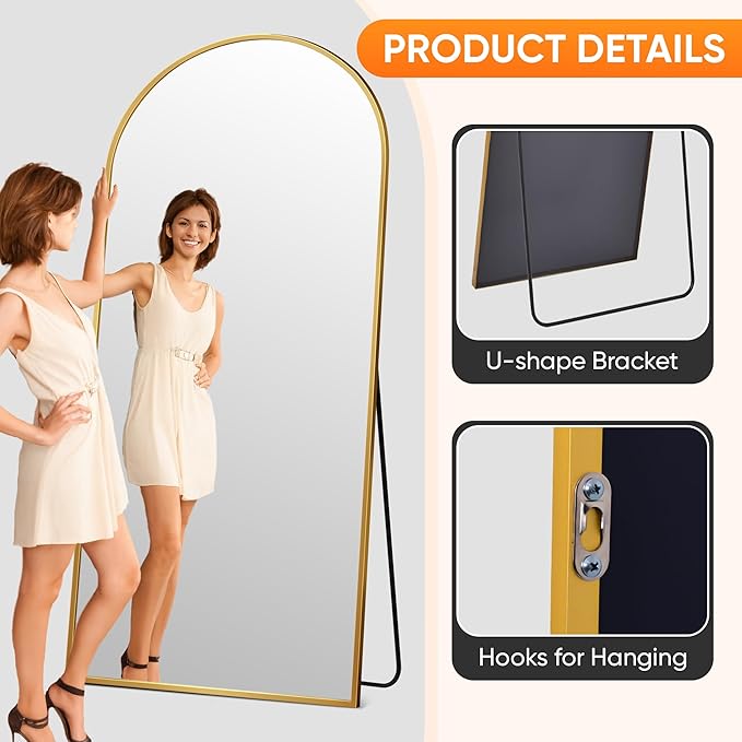 Suidia Full Length Mirror, 58"x18" Floor Standing Mirror Freestanding, Full Body Mirrors with Stand for Bedroom, Hanging Mounted for Living Room Cloakroom, Gold, Arched Style