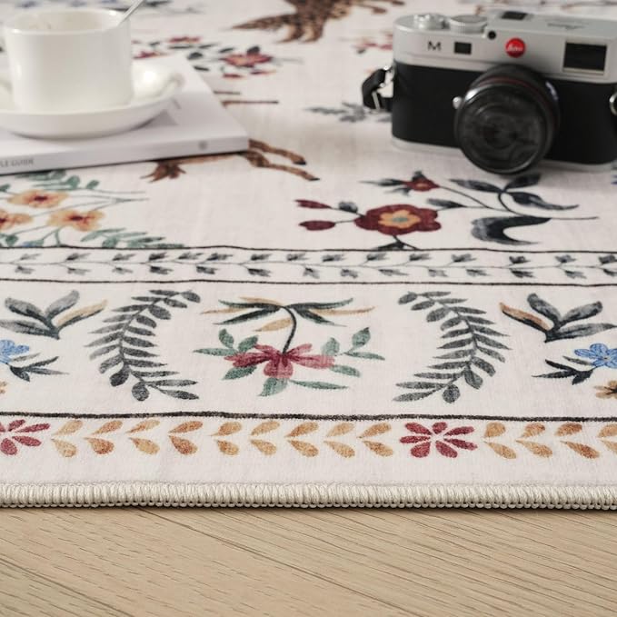 Rugcomf Round Rug 4ft Washable Circle Rug Non Slip Low Pile Boho Floral Animal Small Circular Rug for Bedroom, Bathroom, Entryway, Kids Room, Office, College Dorm (Beige)