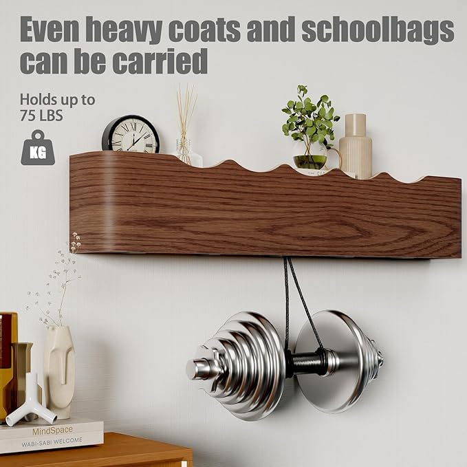 Coat Rack Wall Mount with Shelf 8 Hidden Hooks Modern Wooden Key Holder Entryway Organizer for Hallway Bedroom Bathroom Home Decor Storage for Hanging Coats Hats Bags Towels, Wave-Shape Black