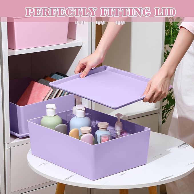 Menkxi 4 Pcs Storage Bins with Lids Plastic Stackable Containers for Organizing Shelves Christmas Ornament Box Baskets(Pink, Purple,Large)