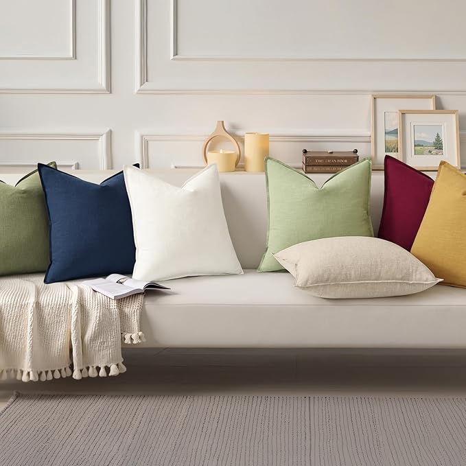 decorUhome Spring Decorative Linen Throw Pillow Covers 18x18 Inch Set of 2 Sage Green Pillow Covers with Flange Edges Soft Farmhouse Boho Accent Pillow Cases for Couch Bed Living Room