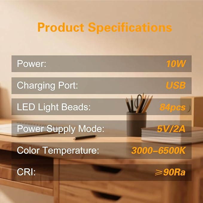 Desk Lamp for Home Office, Height-Adjustable Video Conferencing Light, Eye-Care LED Desk Light for Video Calls, Zoom Lighting for Computer, USB Charging, Ideal for Study, Work, Reading