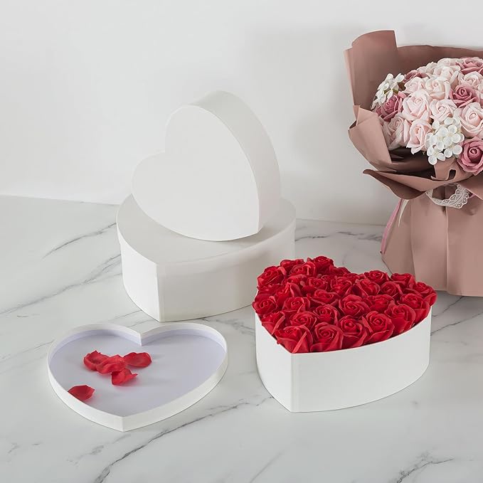 Soul & Lane Heart Shaped Gift Boxes: Set of 3 Empty Paper Mache Boxes with Lids for Flowers, Gifts, Chocolate Strawberries & Special Occasions, Cardboard White Heart Shaped Box for Arrangements