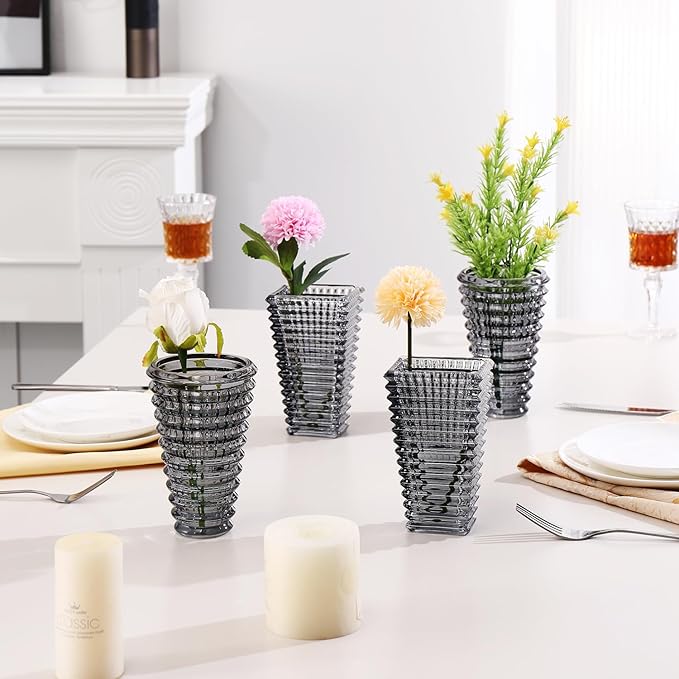MCMCNCUIU Crystal Flower Vase Set of 4, Glass Vases for Centerpieces, Black Vases for Flowers, Small Vase for Living Room, Bedroom, Kitchen, Office, Wedding