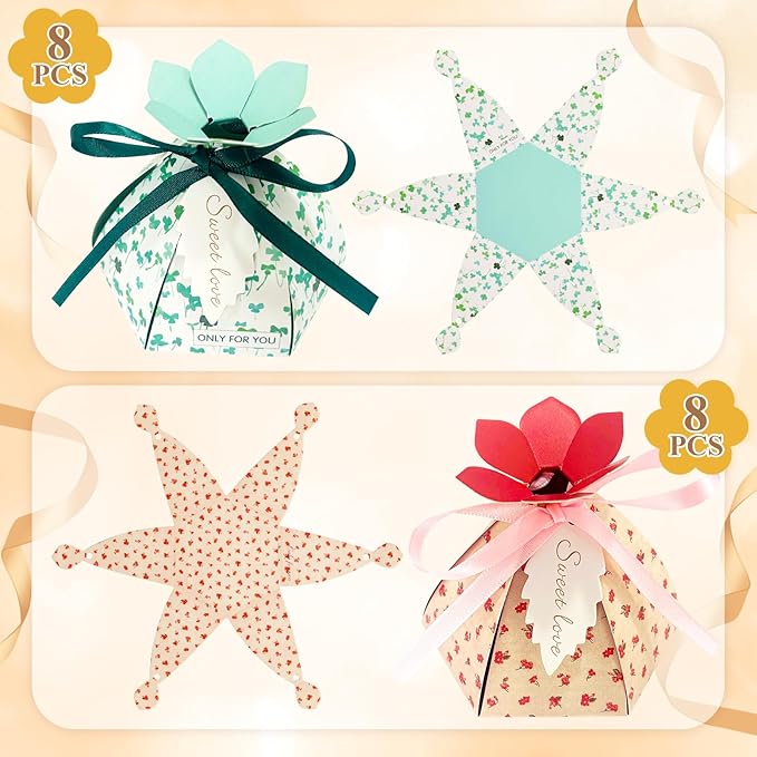48Pcs Party Favor Candy Box, Petal Shaped Gift Candy Box with Tags and Ribbons for Flower Themed Party, Bridal Shower, Wedding Decorations, Candy Table Decorations