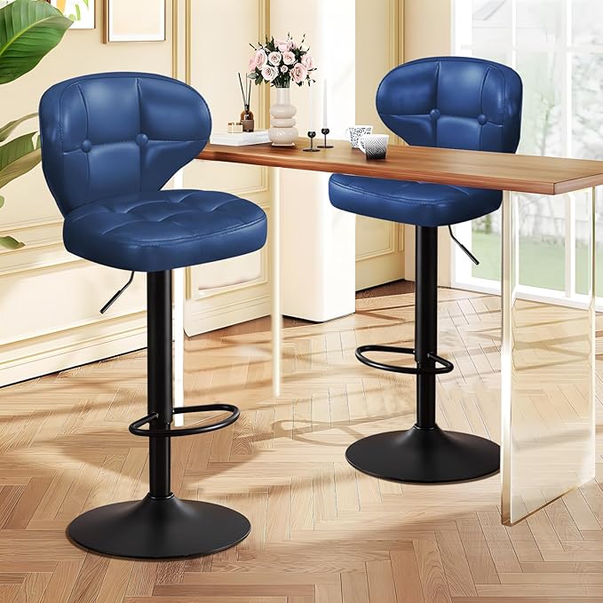 Bar Stools Set of 2, Adjustable Swivel Bar Chairs with 360° Rotation, Padded Counter Stools with Back and Footrest for Kitchen Island, Bistro, Cafe, and Home Use Blue