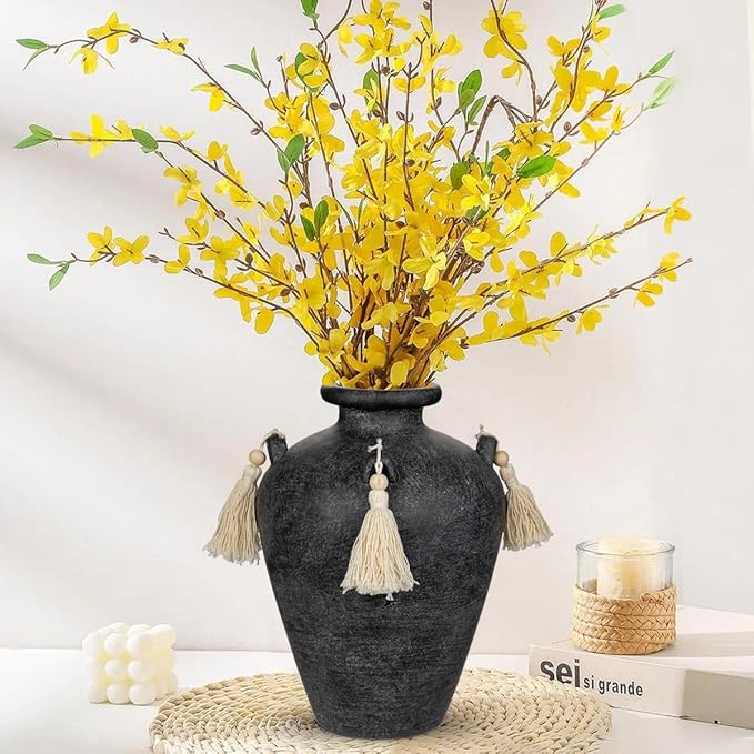 Large Decorative Ceramic Vase with Tassels, 9.4" Black Vintage Flower Vase with Handles, Textured Rustic Farmhouse Vases for Home Decor, Table Centerpiece, Living Room, Entryway, Wedding, Party Decor