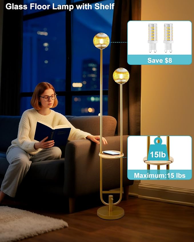 ACOHOOK Glass Floor Lamp with Tray, Gold Dimmable Globe Floor Lamp for Wedding/Party, 2Pcs 3000K Soft Warm White Bulbs Included, Mid Century Modern Standing Lamps for Living Room Bedroom