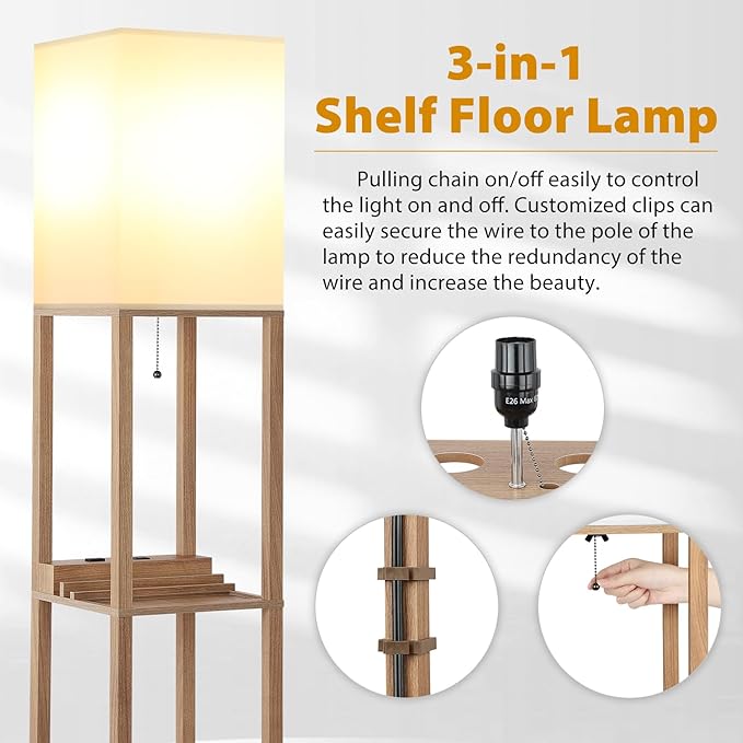 SHINE HAI Shelf Lamp, Modern Standing Light with 1 USB Port and 1 Type C Port and 1 Power Outlet, 3-Tiered Display Floor Lamps with Shelves for Living Room, Bedroom and Office - Wood