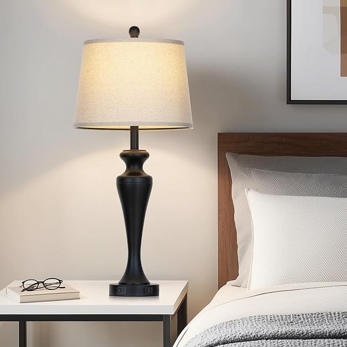 30" Table Lamp Single, 3-Way Dimmable Touch Bedside Lamp with USB A+C Ports and AC Outlet, Tall Living Room Lamps for Side Table, Modern Bedroom Lamp for Nightstand, Black-1PK