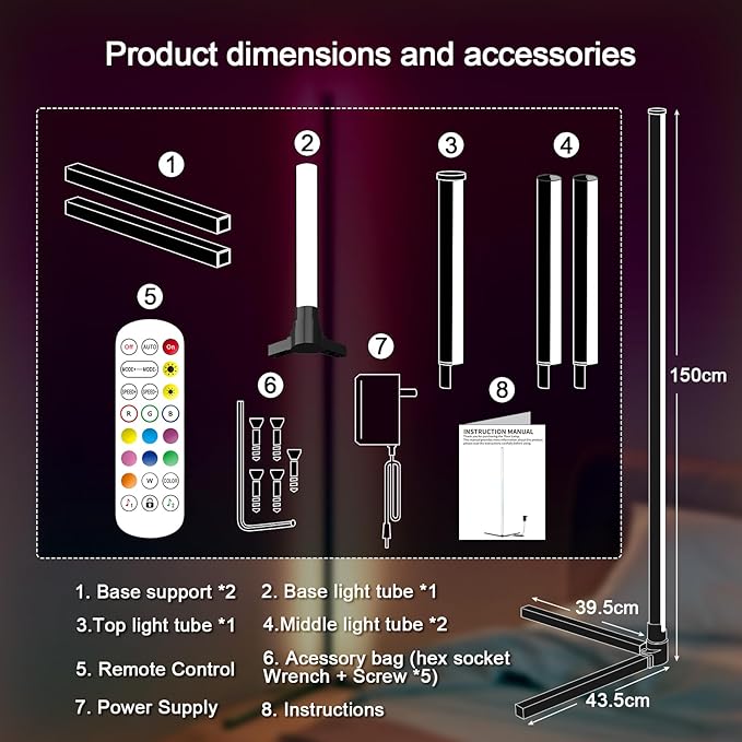 LED Corner Floor Lamp, 68+ Scenes, 16 Million Colors Corner Light with App & Remote Control, 65” Smart RGB Ambient Lighting with Music Sync, Mood Lighting for Bedroom, Living Room, Gaming Room