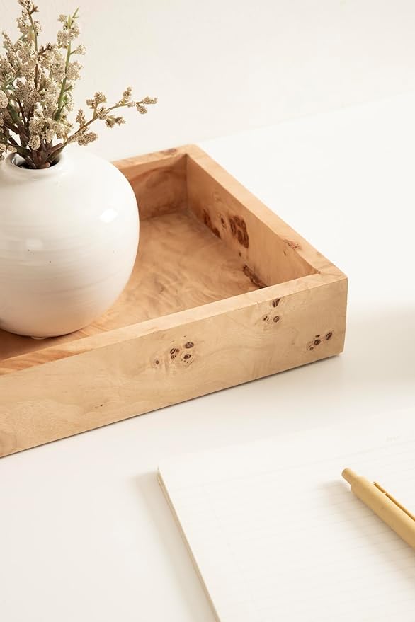 Kate and Laurel Burlock Modern Decorative Burlwood Rectangle Tray with Handles, 8 x 19, Natural Wood and Gold, Transitional Rectangular Tray for Use as Entryway Tray Decor or Ottoman Serving Tray