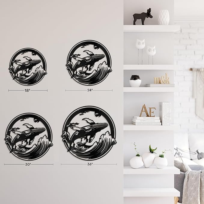 SIGNLEADER Metal Wall Art Decor Whale on Waves Minimalist Modern Abstract Wall Sculpture Hangings Home Decoration for Living Room, Bedroom, Bathroom, Kitchen, Outdoor - 18" Black