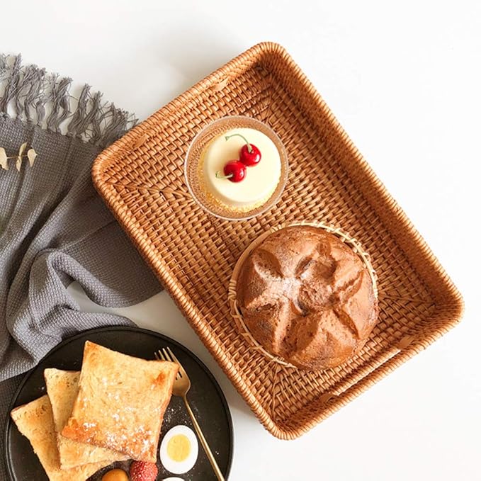 i-lan 13 Inch Handcrafted Serving Tray Rectangle Rattan Display Tray Plates with Cutout Handles and 2" Wall,Wicker Ottoman Coffee Table Decor Basket Tray Organizer Platter for Snack, Candy, Fruit,S