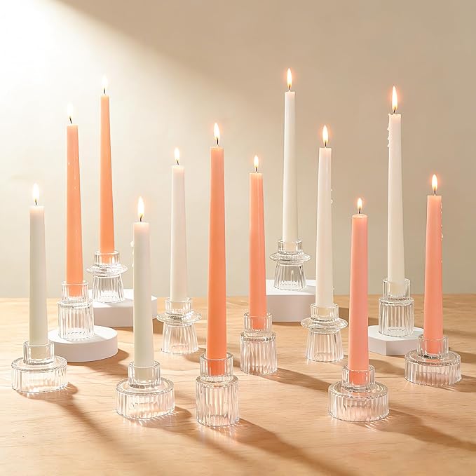 Vintage Ribbed Clear Glass Candle Holders Set of 12, 3 Assorted Sizes for Pillar, Tealight & Votive Holders, Elegant Glass Candlestick Holders for Table Centerpiece Wedding Christmas Decor