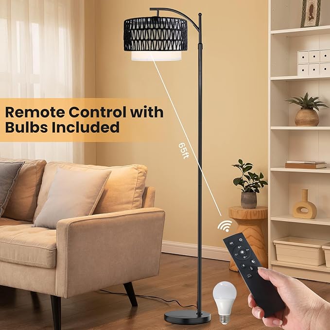 Yusist Arc Floor Lamp for Living Room,Farmhouse Floor Lamps with Remote Control & Dimmable Bulb,Black Rattan Boho Tall Standing Lamp for Bedroom Office