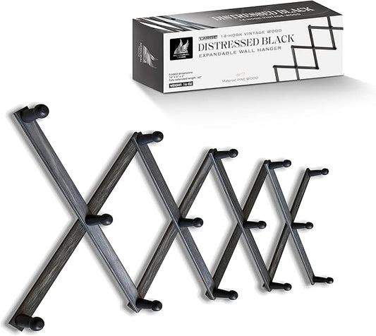 Expandable Wooden Coat Rack Hanger - Large Accordion Hanger with Expanding Pegs | Hand Made Rustic Wooden Hat Rack for Wall | Hang Coat, Jacket, Hat – 14 Hook, Distressed Black