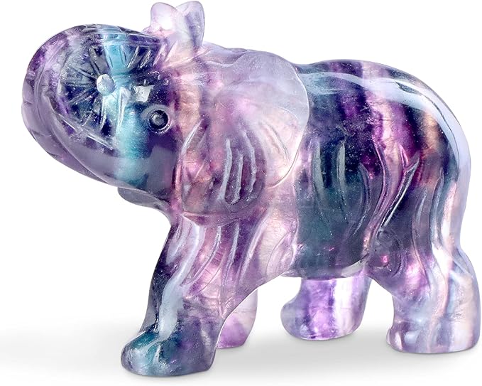 2.5" Rainbow Fluorite Crystal Elephant Decor Gemstone Hand Carved Animal Healing Statue Craft Home Office Gifts