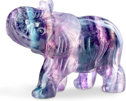 2.5" Rainbow Fluorite Crystal Elephant Decor Gemstone Hand Carved Animal Healing Statue Craft Home Office Gifts
