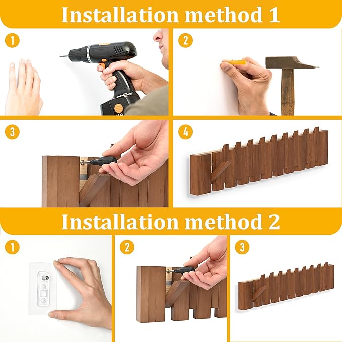 Wood Wall Mounted Coat Rack with 10 Flip Down Hooks, Heavy Duty Piano Style Wall Hook Rack, Decorative Coat Hooks Wall Mount for Entryway, Living Room, Bedroom, Bathroom, Kitchen