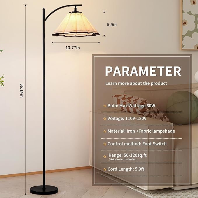 Omlaamy Floor Lamp with Pleated Linen Lampshade, Modern Flower Floor Lamp for Living Room Arc Standing Lamp, Gold Tall Lamp for Bedroom Office Dining Room, Bulb Included (Black + Black, 66.14IN)