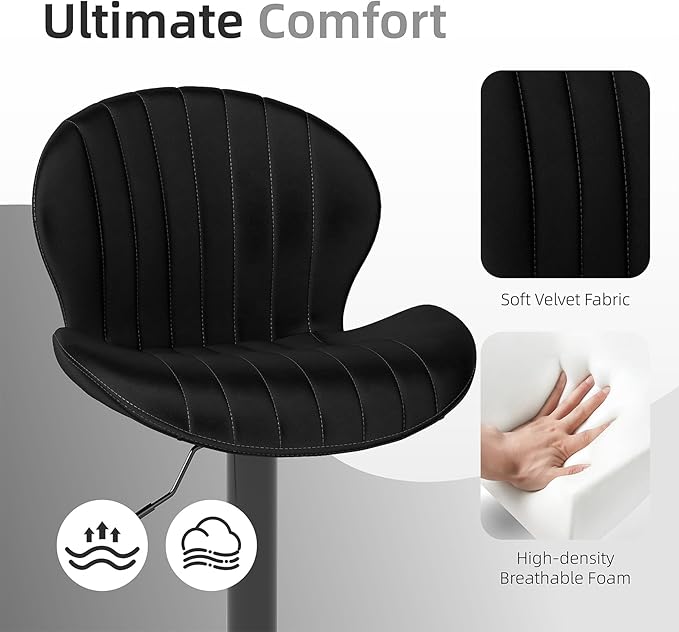 Youhauchair Modern Bar Stools Set of 2, Velvet Height Adjustable Swivel Barstools, Armless Kitchen Island Counter Chairs with Back & Footrest, Black