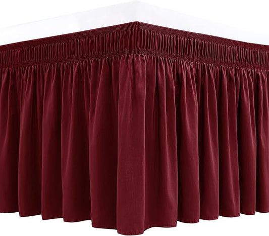 Biscaynebay Wrap Around Bed Skirts for Full & Full XL Beds Short Drop of 12", Burgundy Adjustable Elastic Dust Ruffles Easy Fit Wrinkle Resistant Silky Luxurious Fabric Machine Washable
