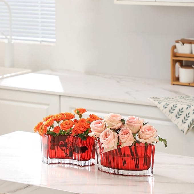 MCMCNCUIU Crystal Vases for Centerpieces, Flower Vases for Wedding Centerpieces, Red Glass Vase for Flowers, Curve Small Vase for Living Room, Bedroom, Kitchen, Dining Table, Set of 2