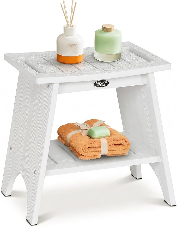 Shower Benches for Inside Shower to Sit On, Shower Stool for Shaving Legs, 500lbs Shower Chair With Space-Efficient Storage Shelf, Waterproof Shower Seat for Spa Bathroom, Indoor or Outdoor Use(White)
