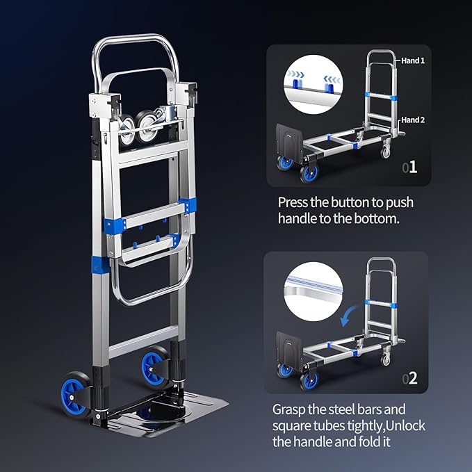 Pro 2 in 1 Aluminium Hand Truck Dolly 660lbs Capacity, Heavy Duty Convertible Hand Truck W/Pneumatic Wheels, Foldable Dolly Cart Collapsible Trolley for Moving with Retractable Handle