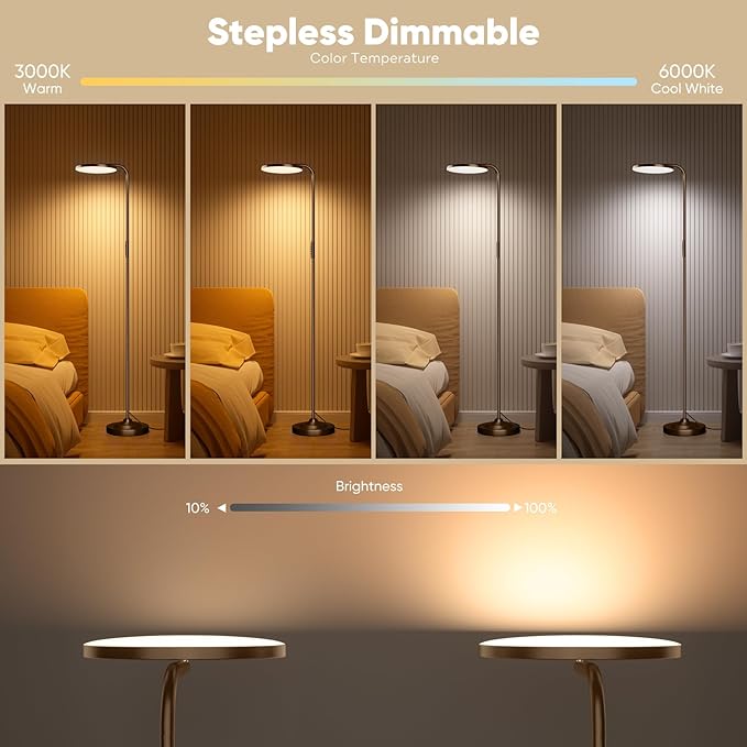 SIBRILLE 36W LED Floor Lamp, Super Bright Standing Lamp, Modern Stepless Dimmable Torchiere Tall Lamp with Remote Control, 350°Rotating Head Reading Floor Lamp for Living Room, Bedroom, Office - Brown