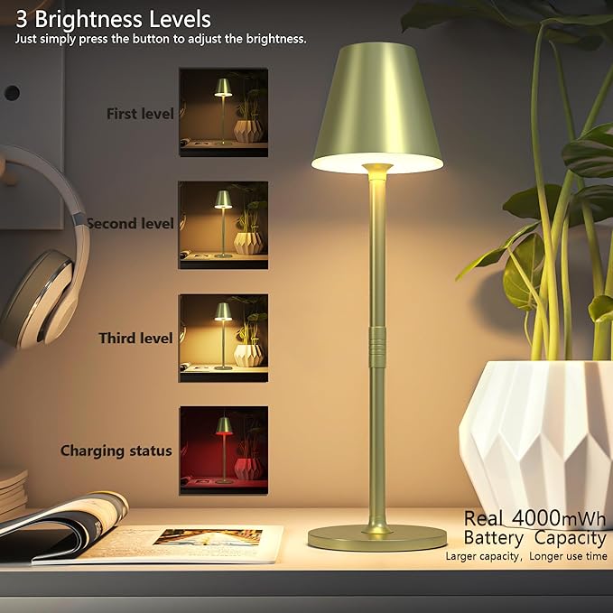 4-Pack Cordless Table Lamps - 5000mAh Rechargeable Battery Operated Desk Lamp, 3-Level Dimmable LED Night Light for Bedroom, Dining, Restaurant - Metal Design (Champagne Gold 4Pack)