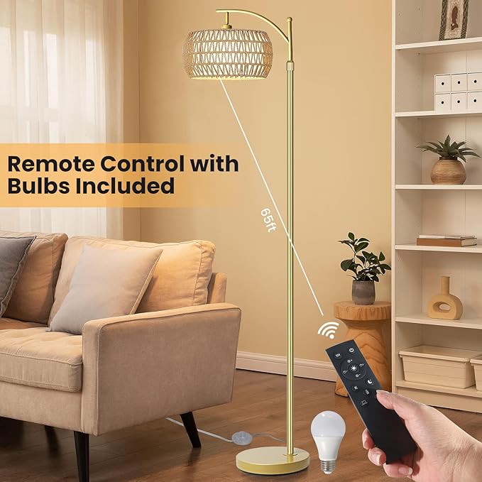 Yusist Arc Floor Lamp for Living Room,Farmhouse Floor Lamps with Remote Control & Dimmable Bulb,Gold Boho Rattan Tall Standing Lamp for Bedroom Office