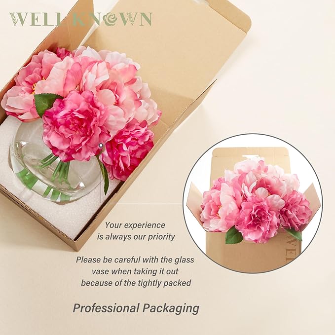 Artificial Flowers in Vase, Silk Peonies Bouquet for Vase with Faux Water, Fake Peony Pink Flower Arrangement for Home Wedding Birthday Party Dining Table Centerpiece Spring Festival Decor Mom's Gift