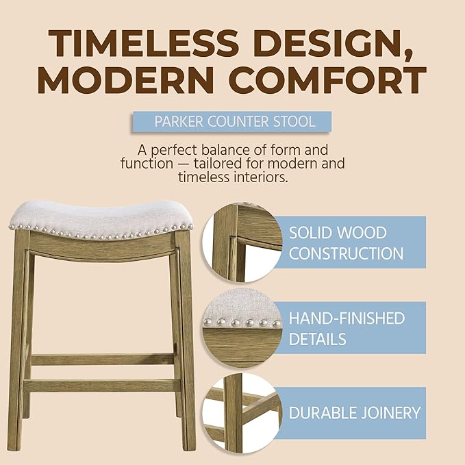 ROME + OAK Parker 26 Inch Counter Stool, Backless Saddle Kitchen Barstool in Natural Wood Finish with Wheat Cream Fabric Upholstery Cushion Seat