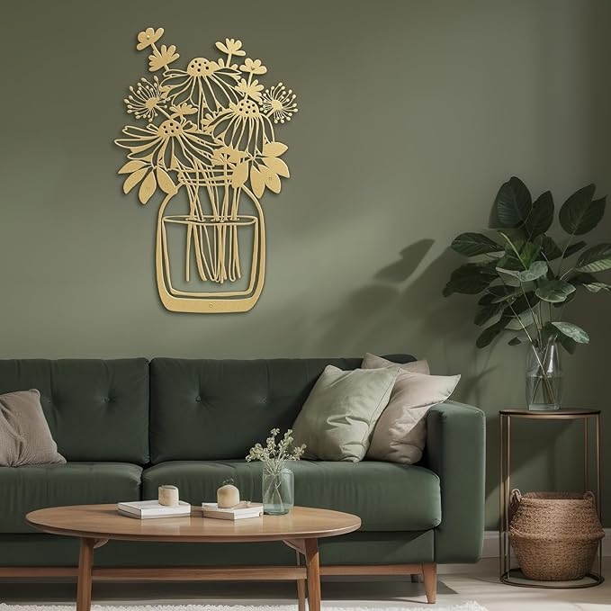 SIGNLEADER Metal Wall Art Decor Flower Bouquet in Bottle Minimalist Modern Abstract Wall Sculpture Hangings Home Decoration for Living Room, Bedroom, Bathroom, Kitchen, Outdoor - 18" Gold