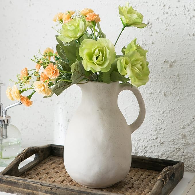Kimdio Ceramic Vase with Handle, Modern Farmhouse Pitcher Vases for Home Decor, Rustic Pottery Vase, Decorative Clay Flower Vase, Centerpieces for Living Room