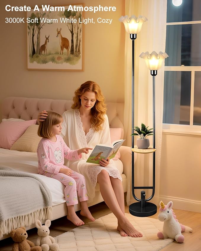 ACOHOOK Dimmable Flower Floor Lamps with Table, 2-Lights Floral Floor Lamp, 3000K Warmwhite Candle Holder Style Modern Floor Lamp, Rustic Black Standing Lamp for Living Room Bedroom