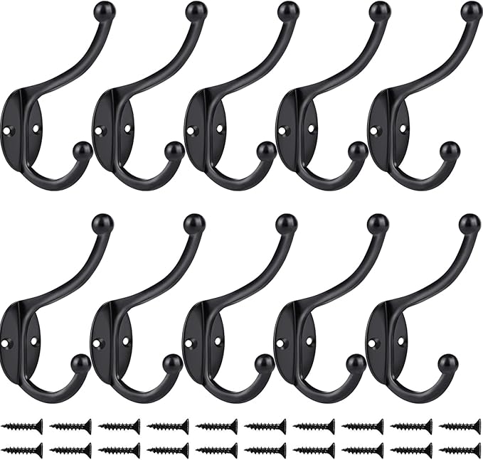 ZEYU Wall Hooks,10Pcs Coat Hooks Hardware Towel Hooks for Hanging Coats Double No Rust Black Robe Hooks Wall Mounted with Screws for Key, Towel, Bags, Cup, Hat