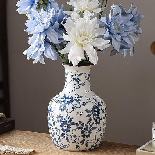 Blue and White Flower Vase Vintage Chinoiserie Floral Ceramic Vase Handcrafted Round Flower Vase for Home Decor Centerpieces Living Room, Bookshelf, Office Rustic Table Centerpiece 9 in