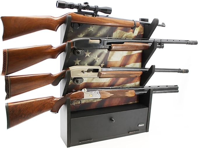 Rush Creek Creations, Gun Rack for Wall, Storage for 4 Guns, Rifles or Shotguns, American Flag Gun Rack Display, Wall Mount, Additional Storage for Gun Accessories