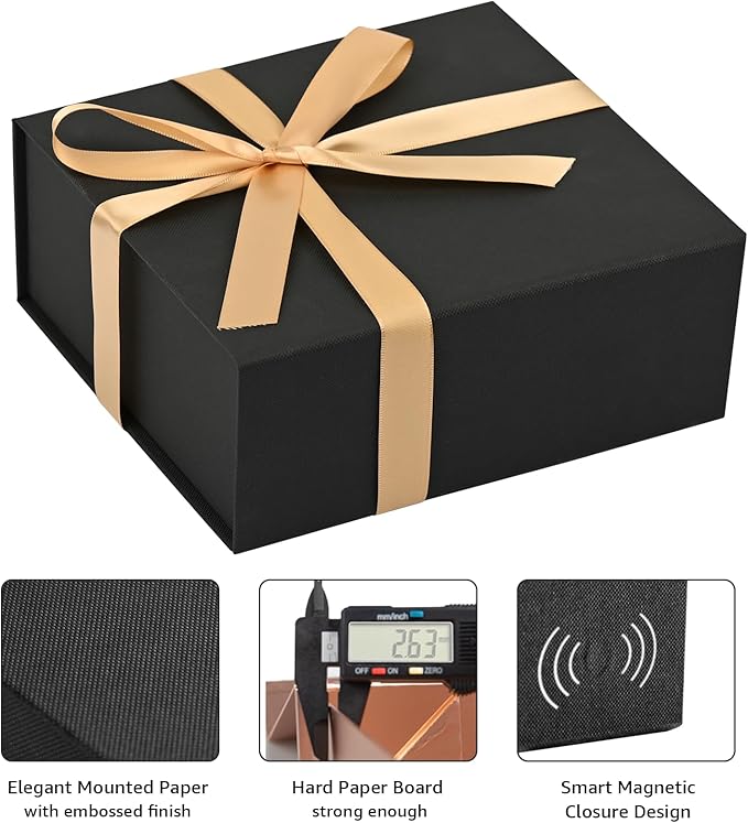 LIFELUM Small Black Gift Box 8 x 7 x 3 inch, Sturdy Gift Box with lid Magnetic Closure for Gift Include Greeting Cards,Ribbon,Shredded Paper Filler for Presents (1 Pcs)