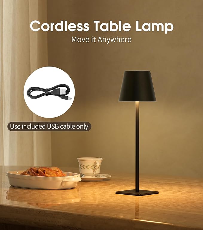 UME 3 Pack Cordless Table Lamp, Battery Operated Lamp - Portable Waterproof Rechargeable Table Lamp w/ 3 Color Temps & Stepless Dimming for Dinner, Desk, Cafe, Outdoor (Black)