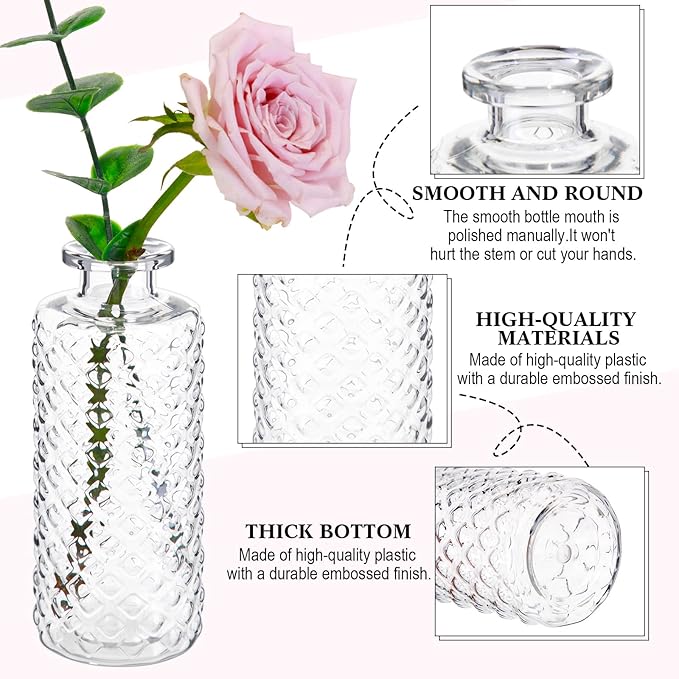 Honeydak Set of 24 Plastic Mini Bud Vases, Vintage Clear Decorative Vases Bulk for Table Centerpieces, Wedding Reception, Baby Shower, Home Decor, Housewarming Gift(Micro-Diamond)